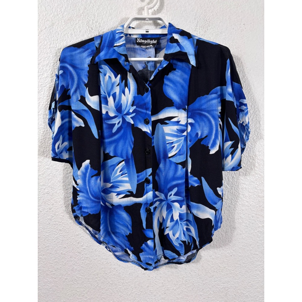 Stoplight California Button Up Shirt Large Blue Vintage Floral Hawaiian 80s